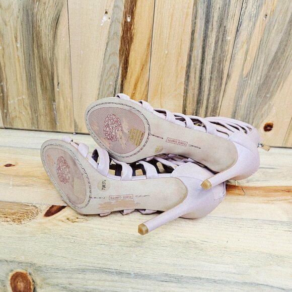 Vince Camuto Troy Gladiator Heels Cream Tan Leather Strappy Gold Accent Size 7.5 - Picture 7 of 8